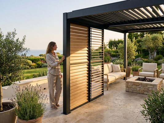 Louvre wall for pergola in wood finish and black aluminium - product detail