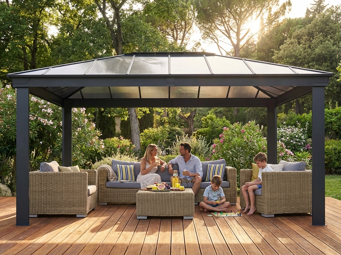 Gazebo with anthracite aluminium frame and polycarbonate roof - product detail