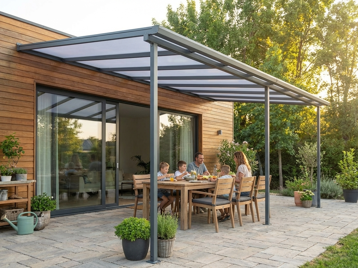 Grey aluminium and polycarbonate patio cover for outdoor shelter - product detail