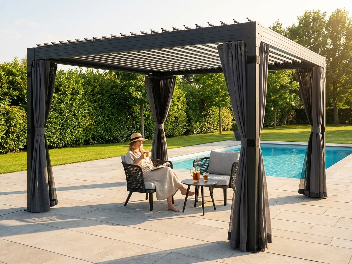 Bioclimatic pergola gazebo in black, 4x4m, with curtains and mosquito net - product detail