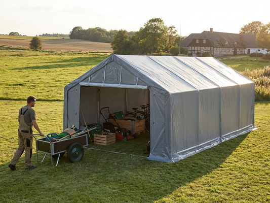 Grey storage shelter 5x8m made from PE and steel - product detail