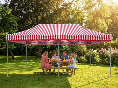 Pop up gazebo with white and red striped design, aluminium frame - product detail
