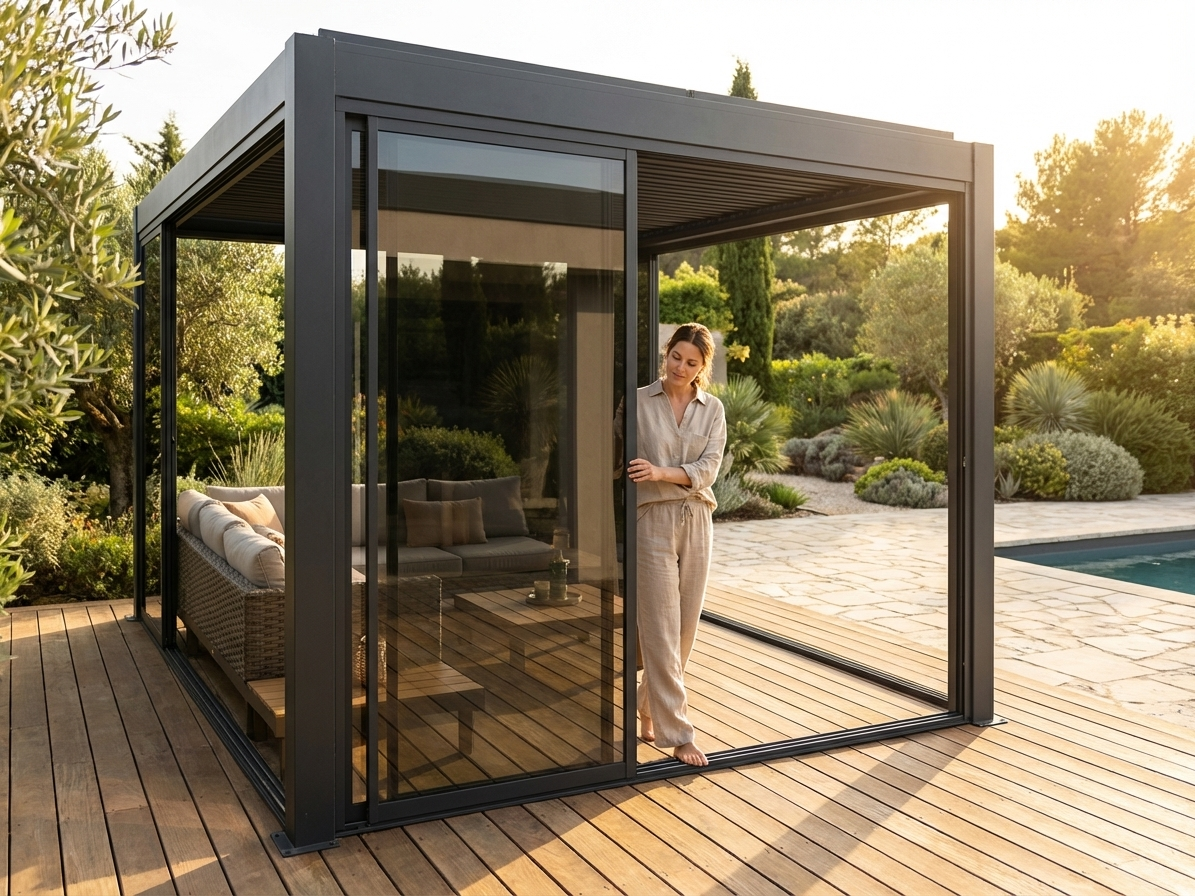 Sliding door set with black frame and tempered glass for pergolas - view 3