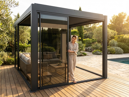 Sliding door set with black frame and tempered glass for pergolas - view 3