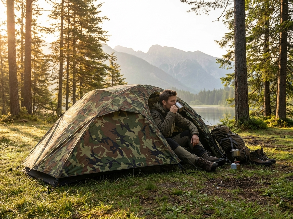Camouflage tent for solo camping with fibreglass frame - view 3