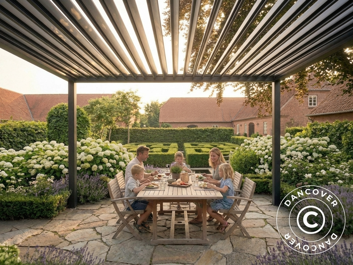 Black Bioclimatic Pergola Gazebo made of galvanised steel