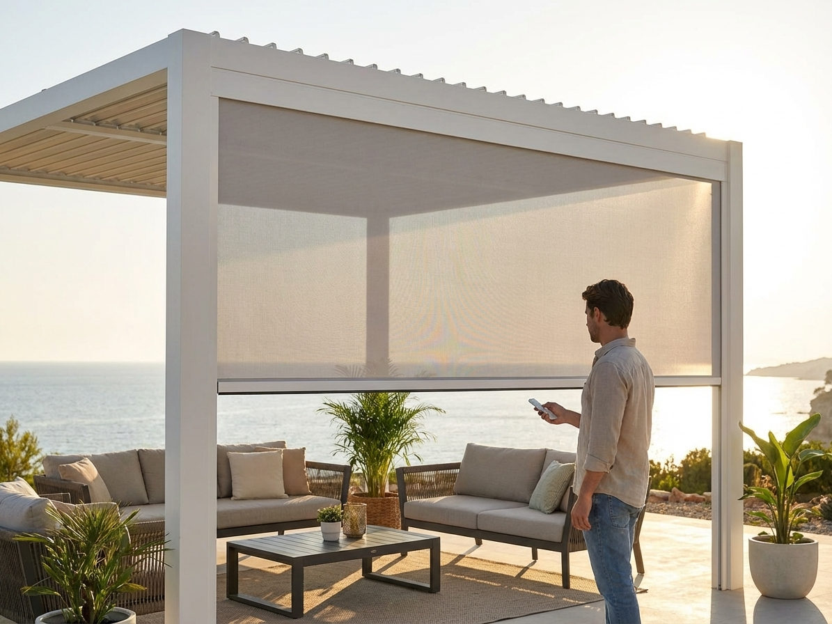 Electric sidewall screen in white/light grey for pergola gazebo - product detail