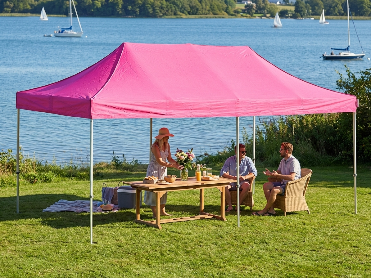 Pink pop-up gazebo with steel frame set up in an outdoor setting