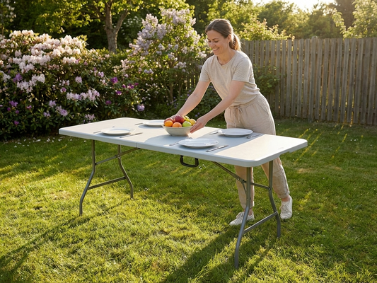 Folding table in light grey, durable HDPE and steel, 180x74 cm - product detail