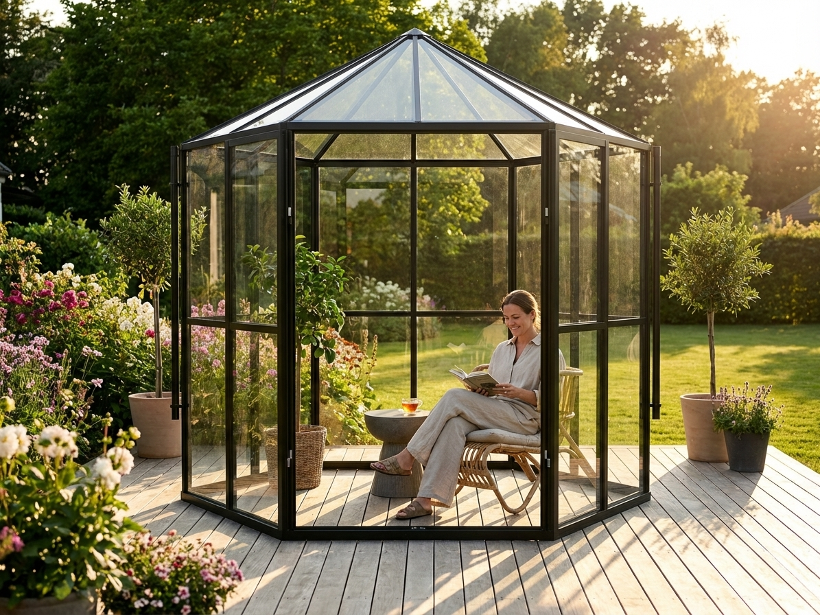 Hexagonal glass orangery with black aluminium frame