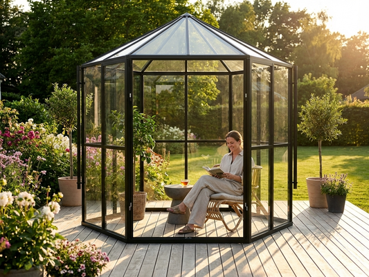 Hexagonal glass orangery with black aluminium frame