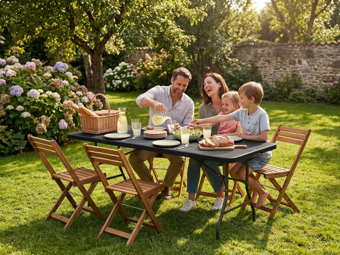 Folding table in black, made from HDPE and steel, suitable for various uses