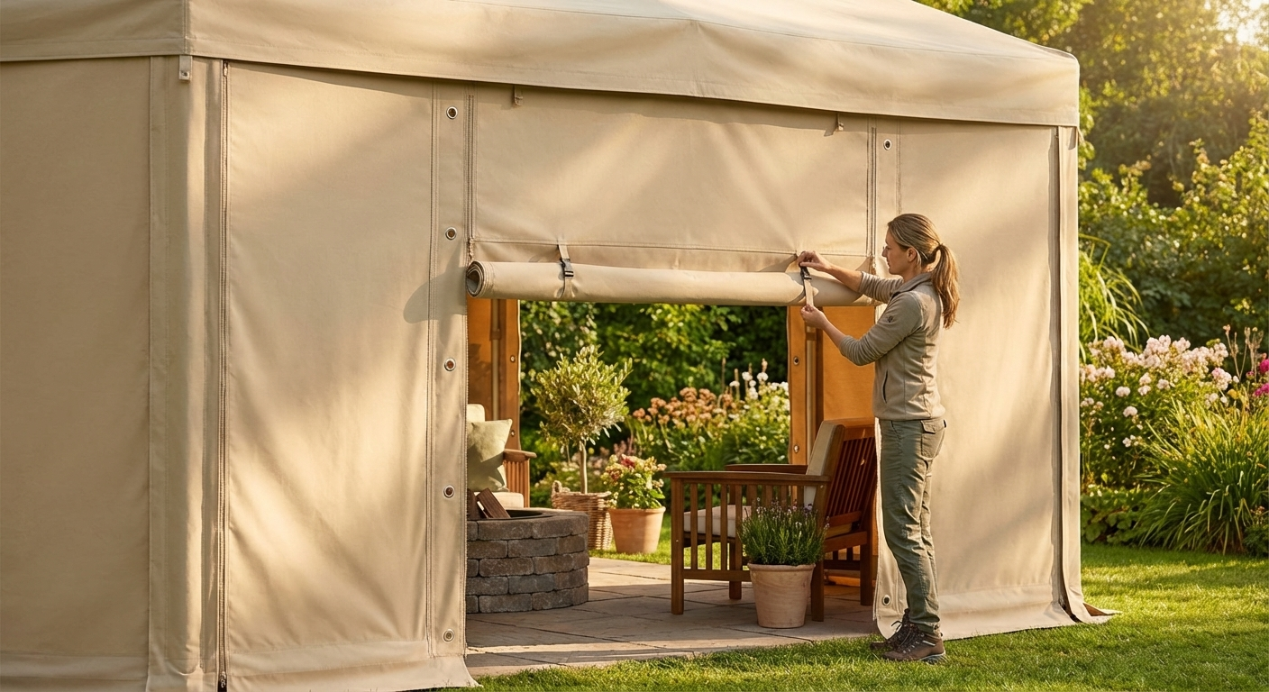 Endwall with wide door in sand colour, made of PVC/polyester for outdoor use - view 3