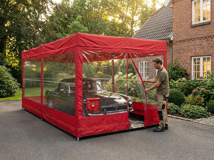Folding car shelter in red with steel frame - product detail