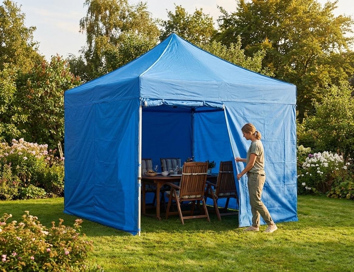 Blue gazebo sidewall kit made of durable polyester with PVC backing
