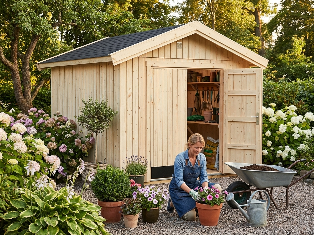 Wooden garden shed made from Nordic Spruce in natural colour