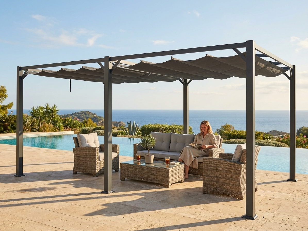 Dark grey pergola gazebo with aluminium frame for outdoor use