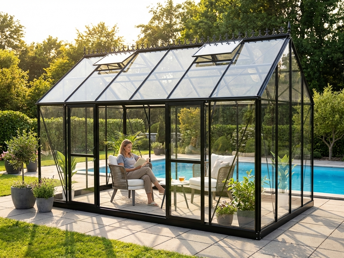 Glass orangery with black aluminium frame for garden use - product detail