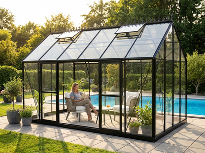 Glass orangery with black aluminium frame for garden use - product detail