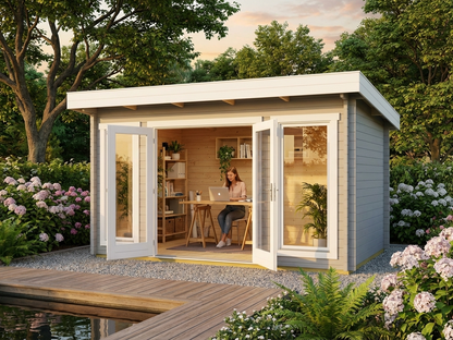 Light grey wooden cabin made from Nordic Spruce, ideal for garden use