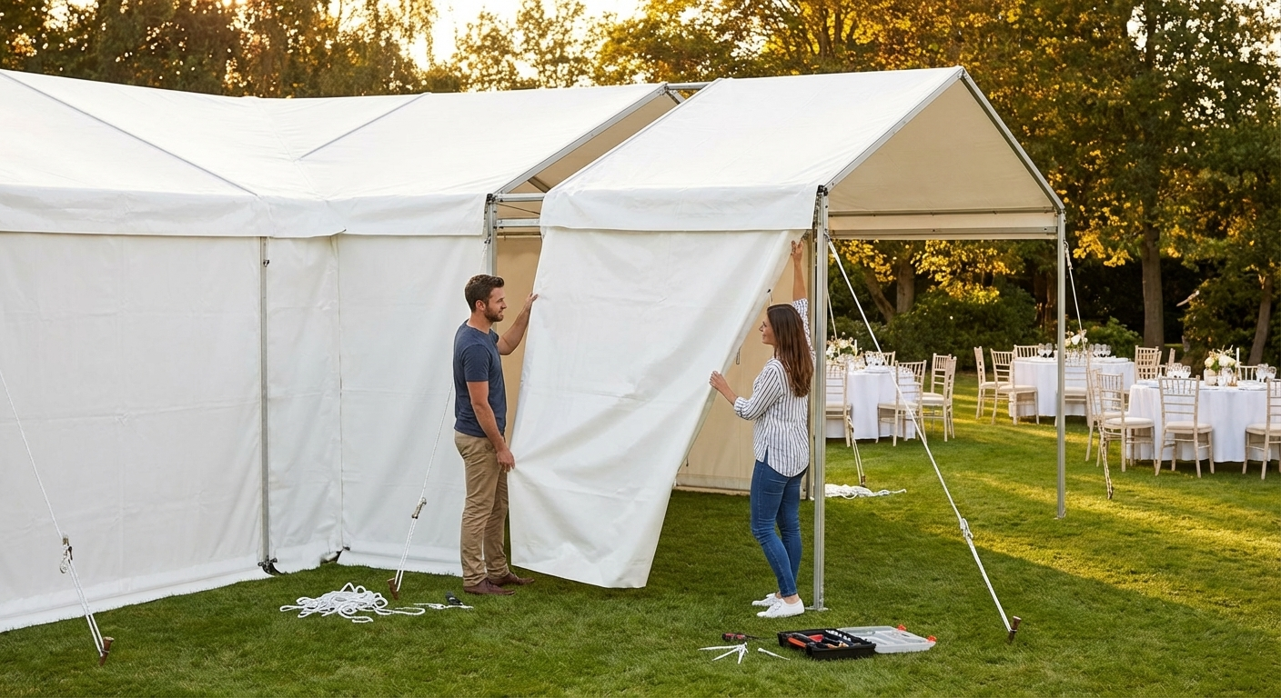 White marquee extension with PVC and steel frame - product detail