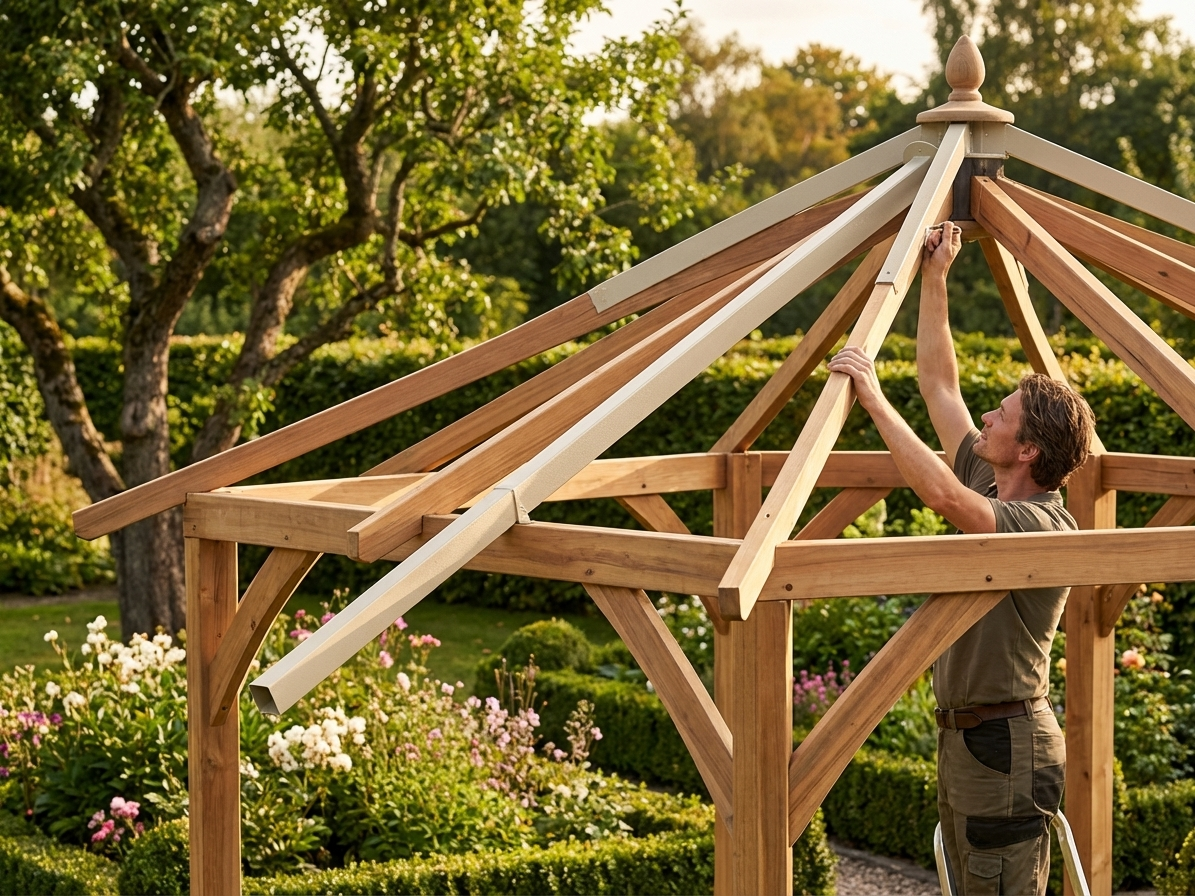 Extended roof pole top in silver, designed for pagoda use