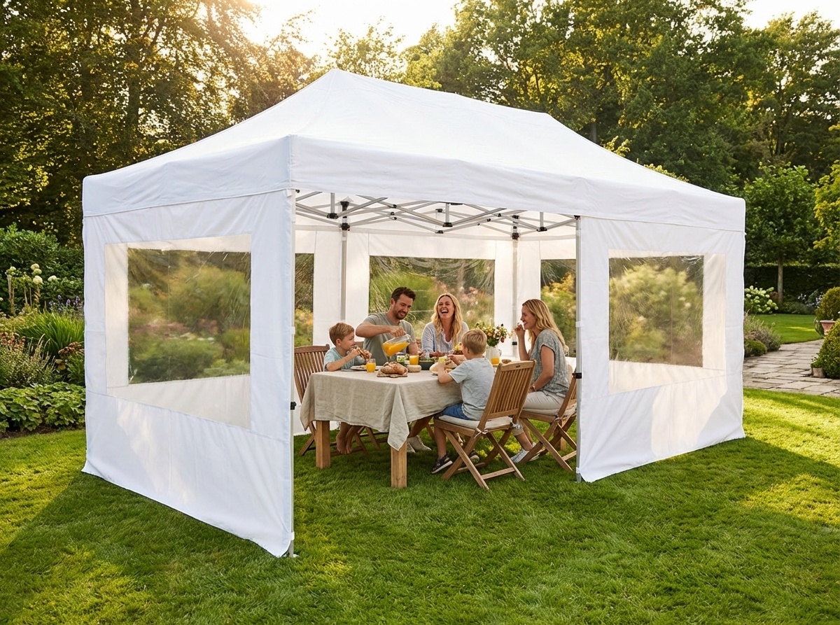 White pop up gazebo with steel frame and sidewalls