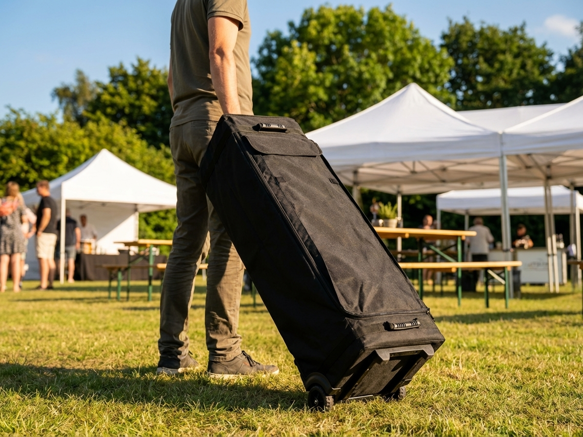 Carry bag with wheels in black polyester for event transport