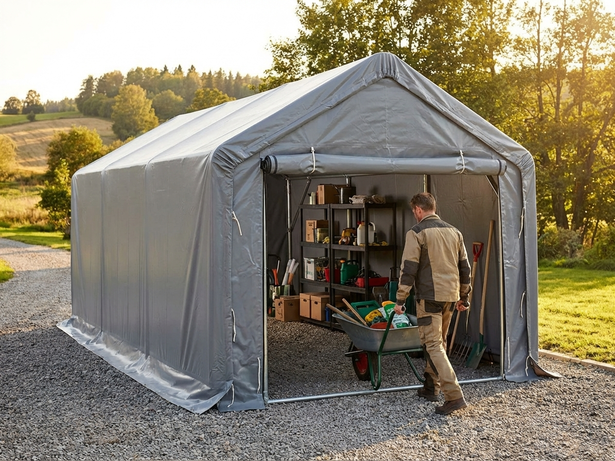 Grey storage shelter 3x6m made of PVC and steel - product detail