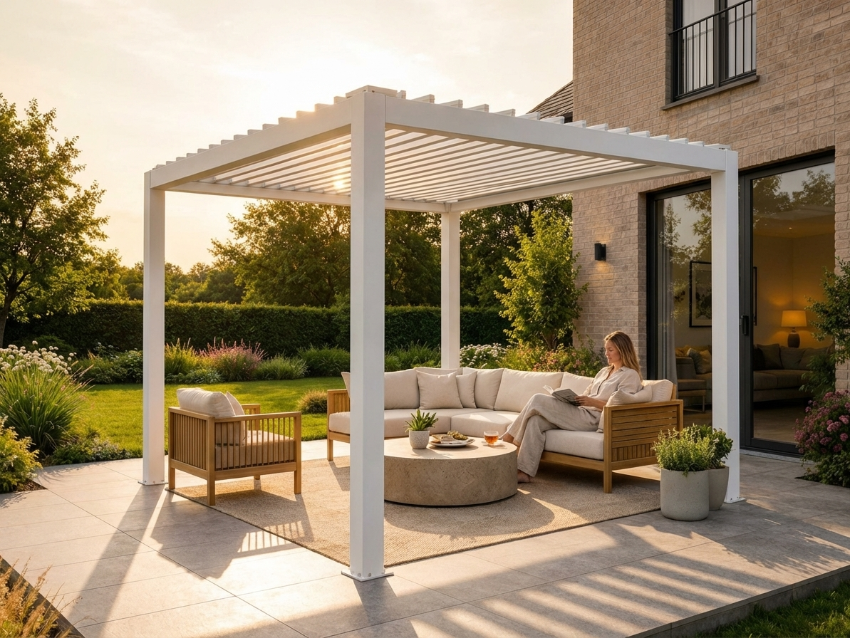 Steel pergola gazebo in white, outdoor shelter - product detail