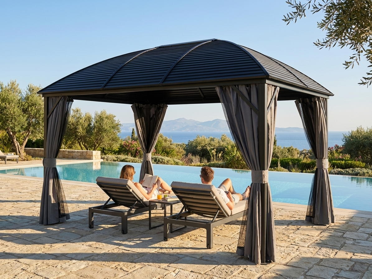 Black aluminium gazebo 3x4m with curtains and mosquito net
