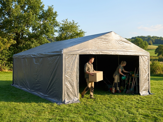 Grey storage tent 6x6 m with PE 300 material and steel frame - product detail