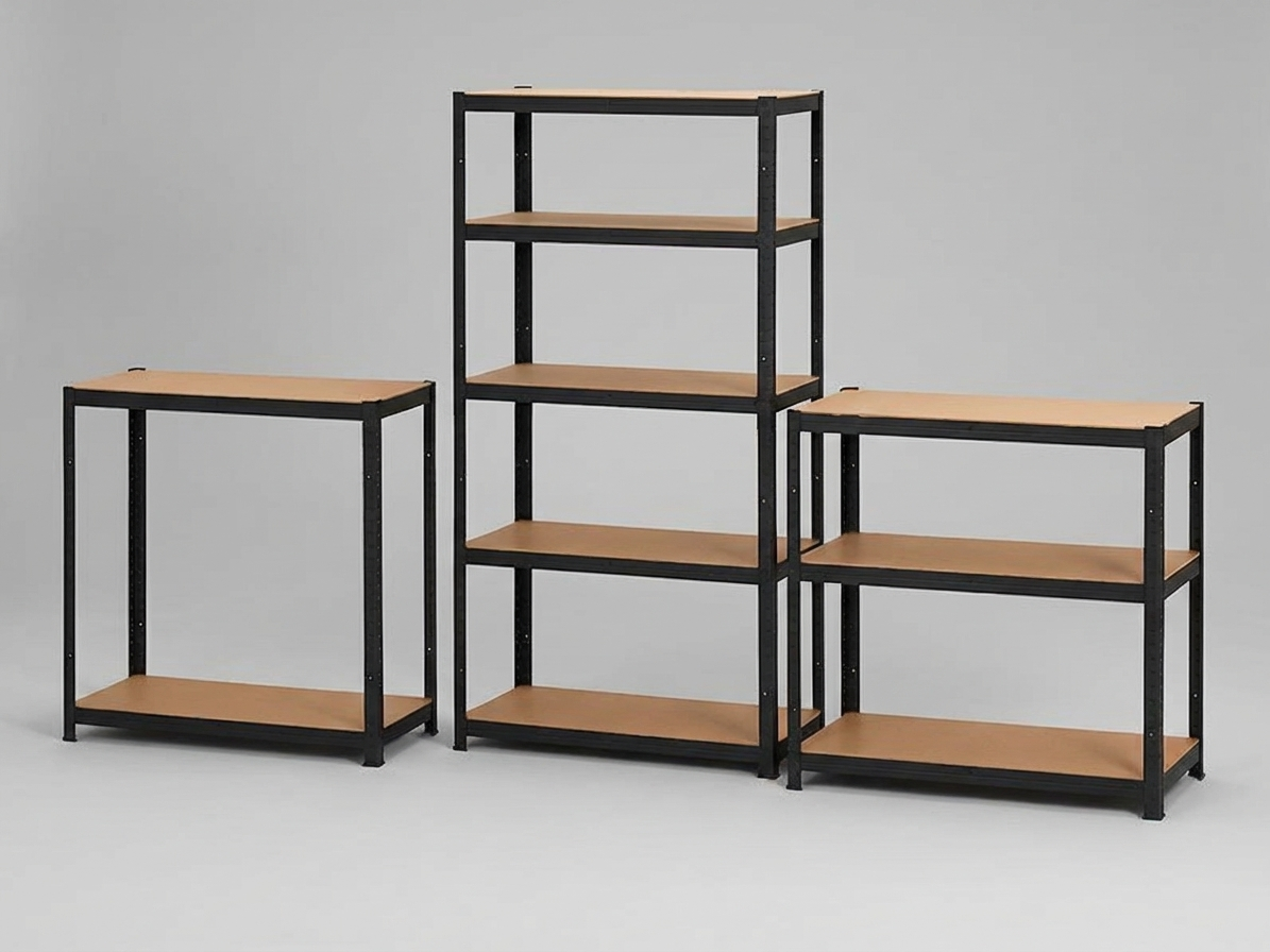 Black storage rack with MDF shelves for home and warehouse use - product detail