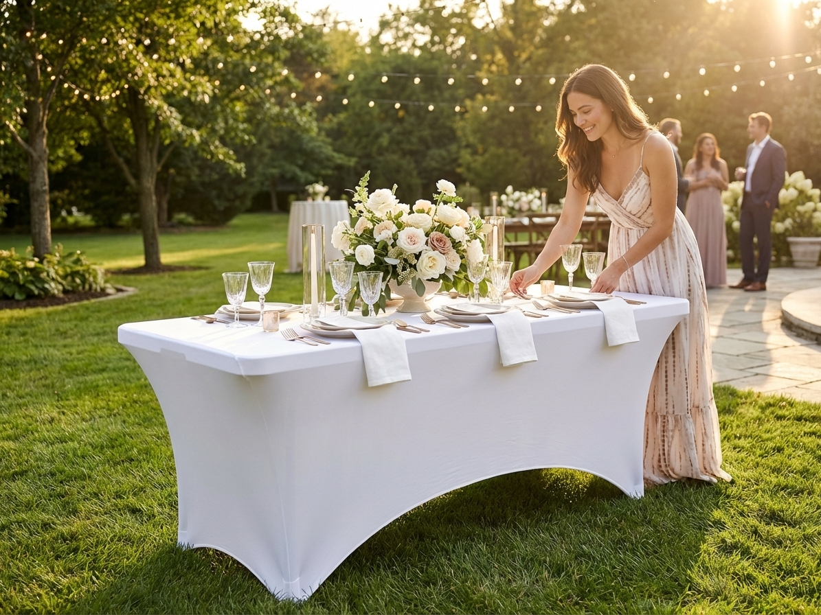 White stretch table cover for events, 183x75x74 cm - view 3