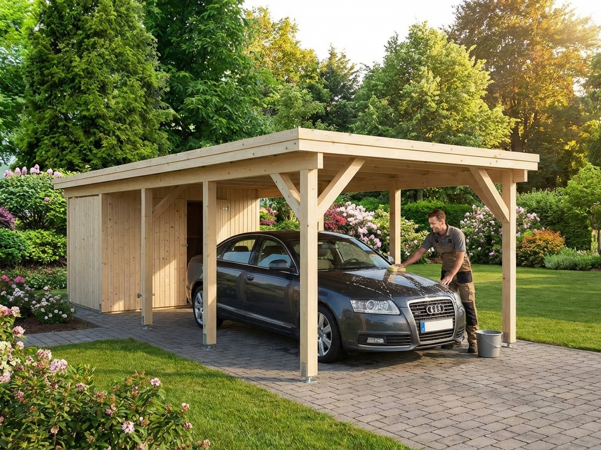 Wooden carport with shed in natural Nordic Spruce