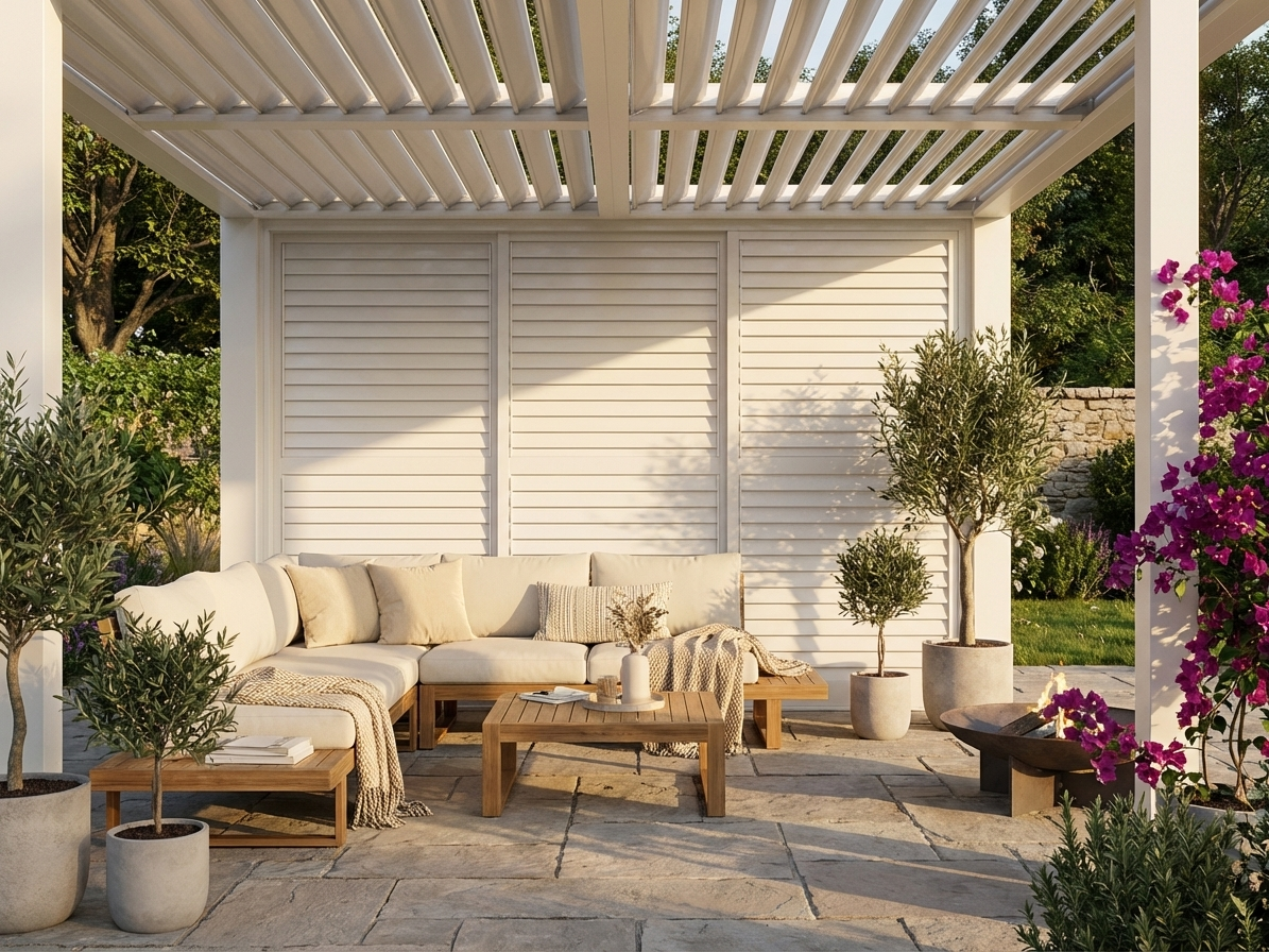 Louvre sliding door set in white for pergolas and gazebos