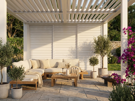 Louvre sliding door set in white for pergolas and gazebos