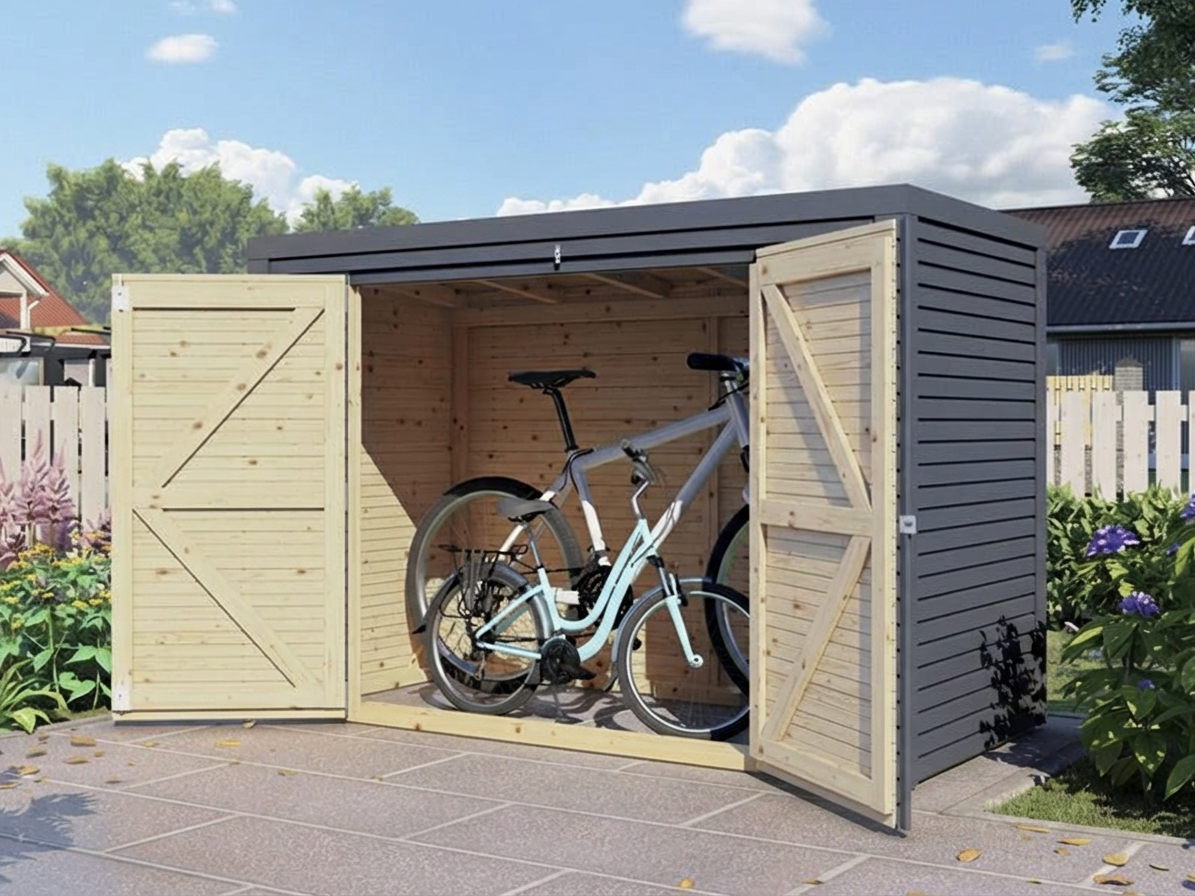 Wooden bike shed in anthracite, made from Nordic spruce for outdoor storage - product detail