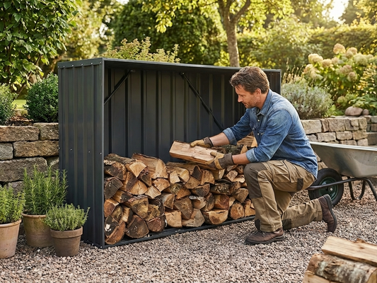 Anthracite wood storage raised garden bed made of galvanised steel