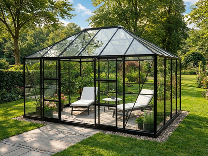 Elegant black glass gazebo with aluminium frame for outdoor use