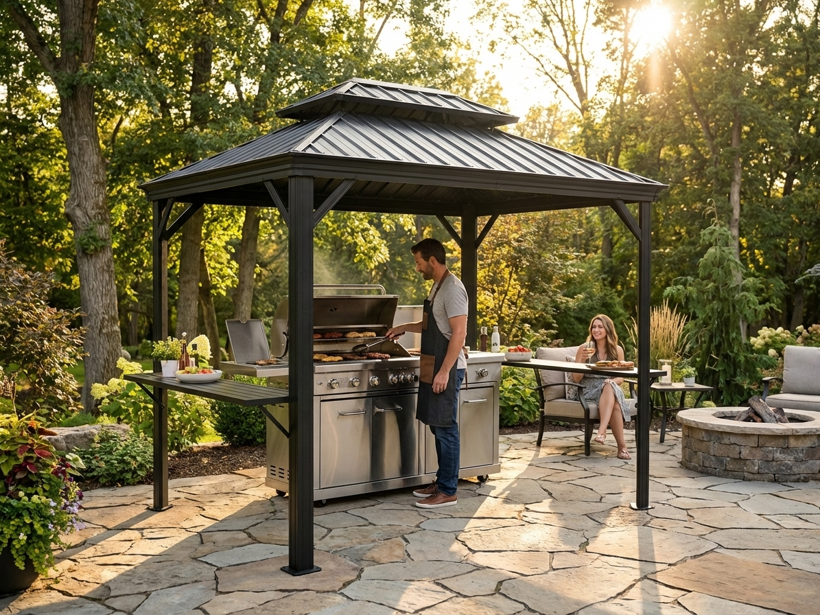 Black BBQ gazebo with aluminium and steel frame for outdoor use - view 3