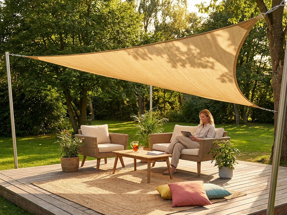 Sand coloured sun sail providing outdoor shade