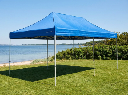 Blue pop-up gazebo with steel frame providing UV and water resistance - product detail