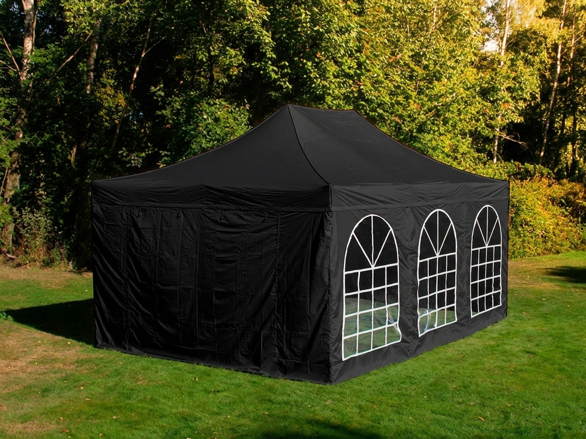 Black pop-up gazebo 3x4.5m with steel frame for outdoor use