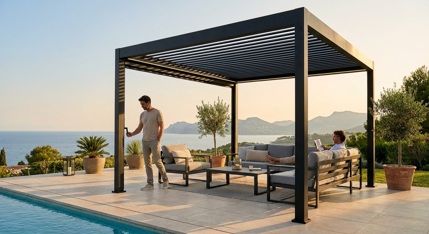 Bioclimatic gazebo in black, 3x3m, made from durable aluminium