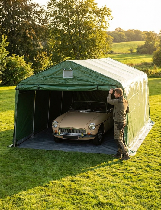Portable garage in green with strong PVC cover and galvanised steel frame