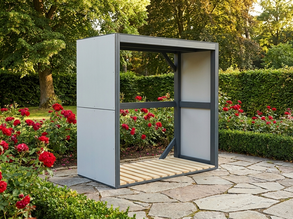 Wood storage unit in grey, made of Nordic Spruce and HPL for garden use