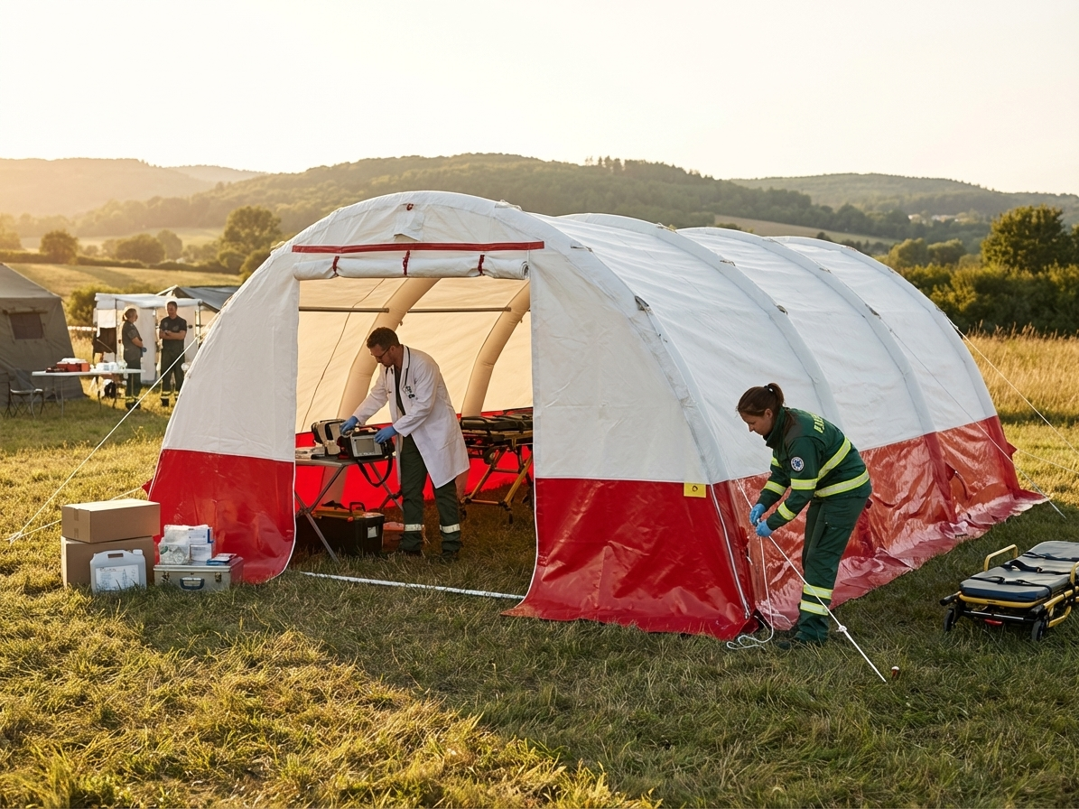 Inflatable medical tent in white and red, 6x6 meters, for emergency use