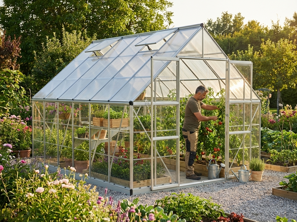 Polycarbonate greenhouse with aluminium frame, silver colour