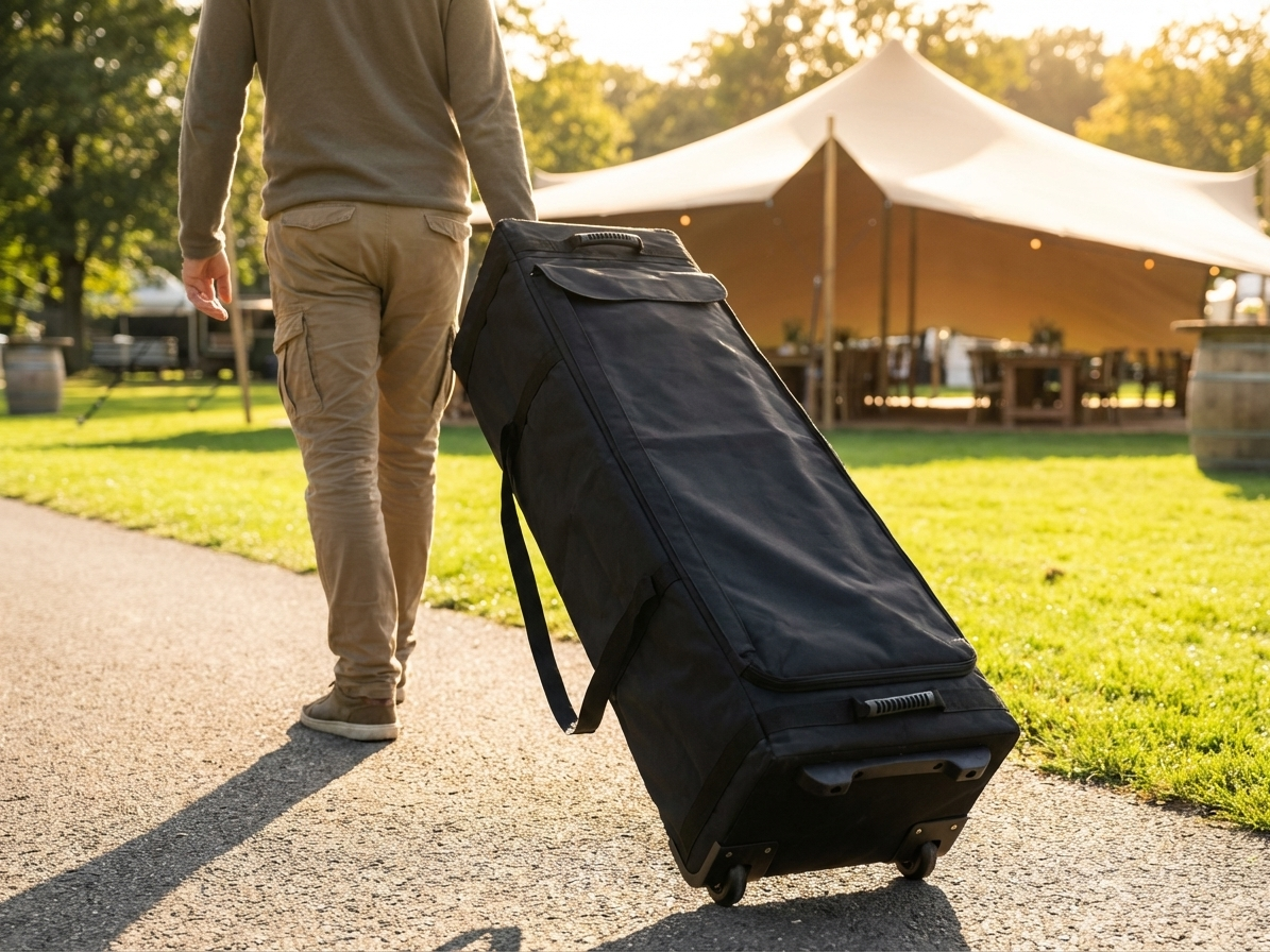 Black carry bag with wheels, made from 600D Polyester, ideal for event transport - product detail